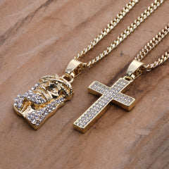 14k Gold Plated Micro Jesus & Thin Cross Cubic-Zirconia Set 20", 24" Cuban Chain