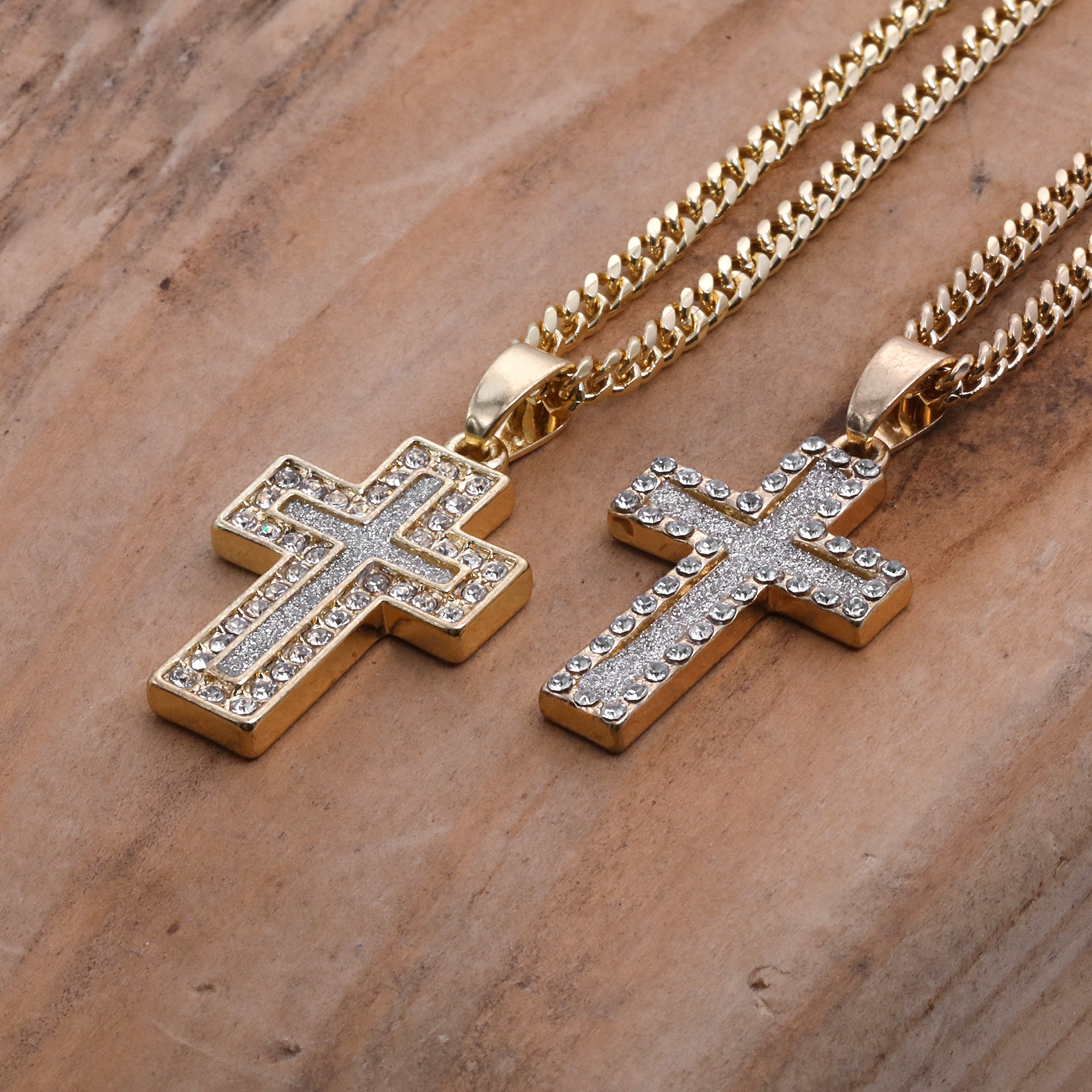 14k Gold Plated Micro Cz Cross & Thick Cross Cubic-Zirconia 20", 24" Cuban Chain