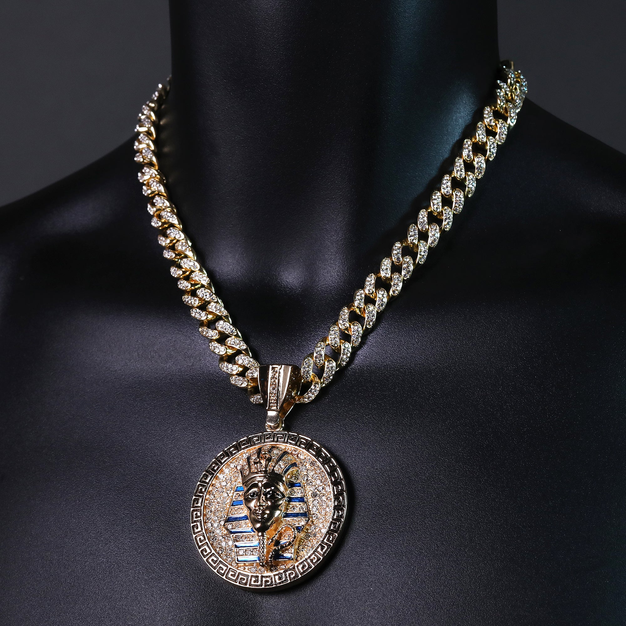 2pc Hip Hop Fully Iced Large Gold Plated Round Pharaoh Pendant Cuban 18" 24"