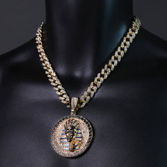 2pc Hip Hop Fully Iced Large Gold Plated Round Pharaoh Pendant Cuban 18" 24"