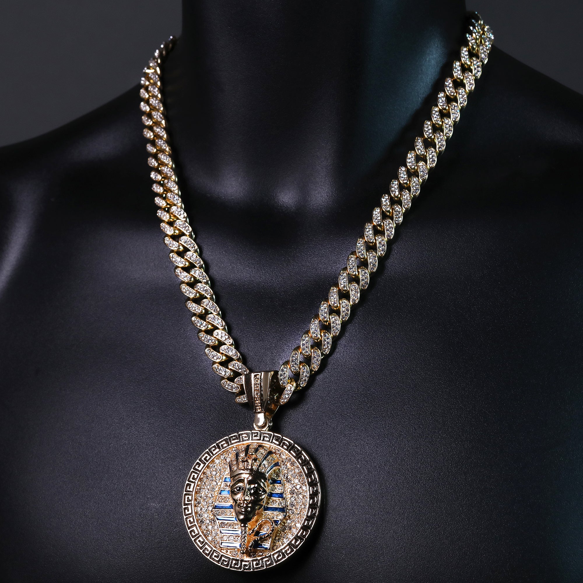 2pc Hip Hop Fully Iced Large Gold Plated Round Pharaoh Pendant Cuban 18" 24"