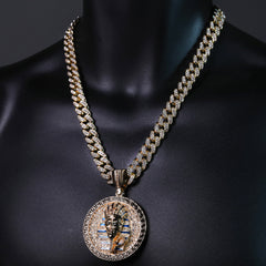 2pc Hip Hop Fully Iced Large Gold Plated Round Pharaoh Pendant Cuban 18" 24"