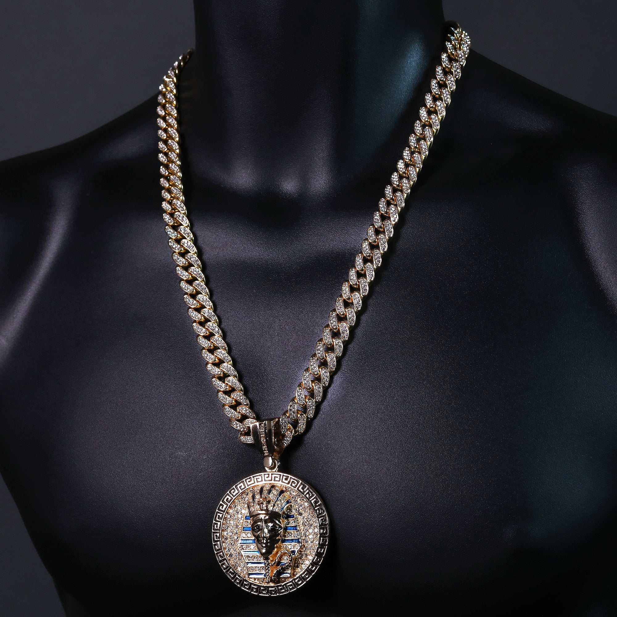 2pc Hip Hop Fully Iced Large Gold Plated Round Pharaoh Pendant Cuban 18" 24"
