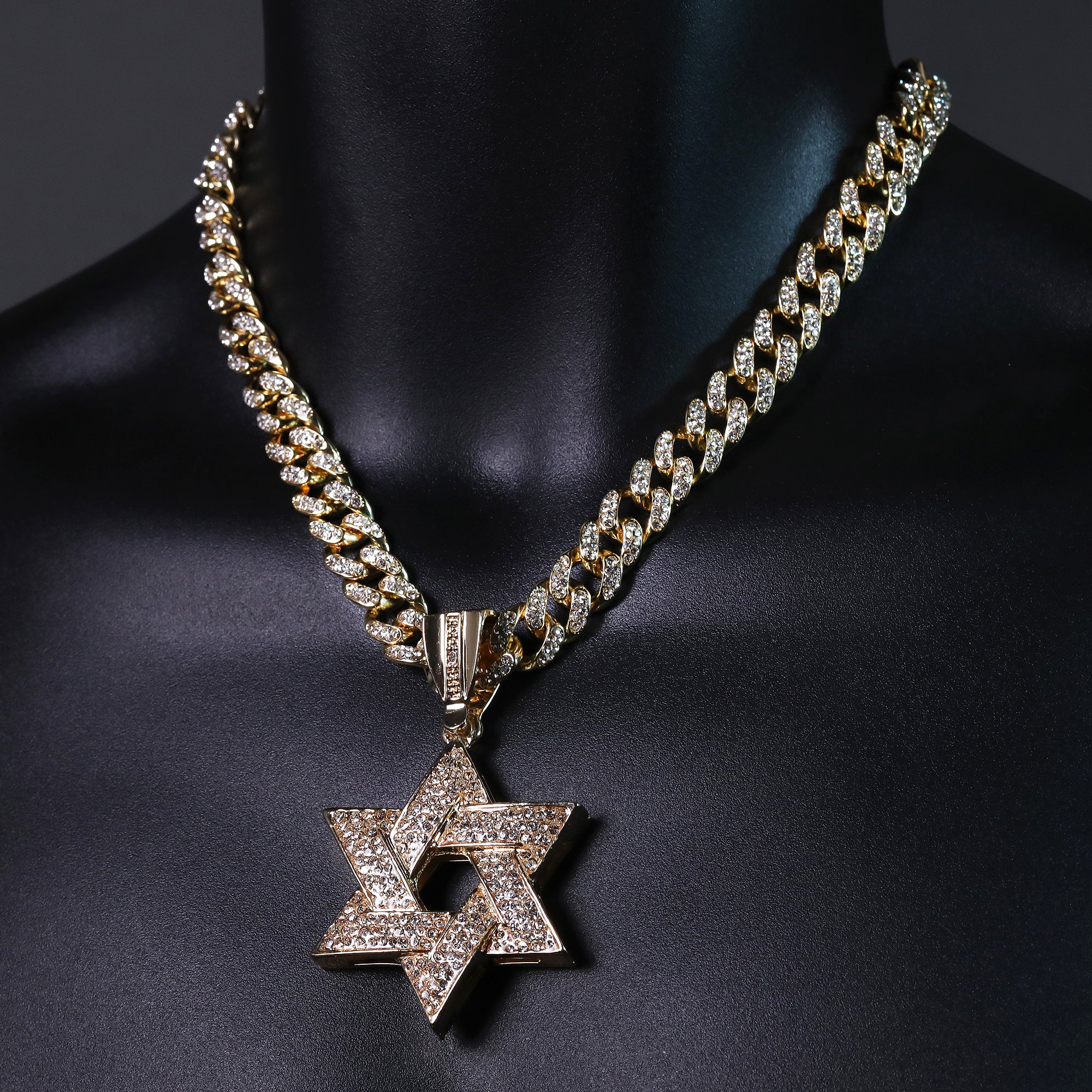 Hip Hop Fully Iced Large Gold Plated Star of David Pendant & Cuban Chain Necklace – Full Prong CZ