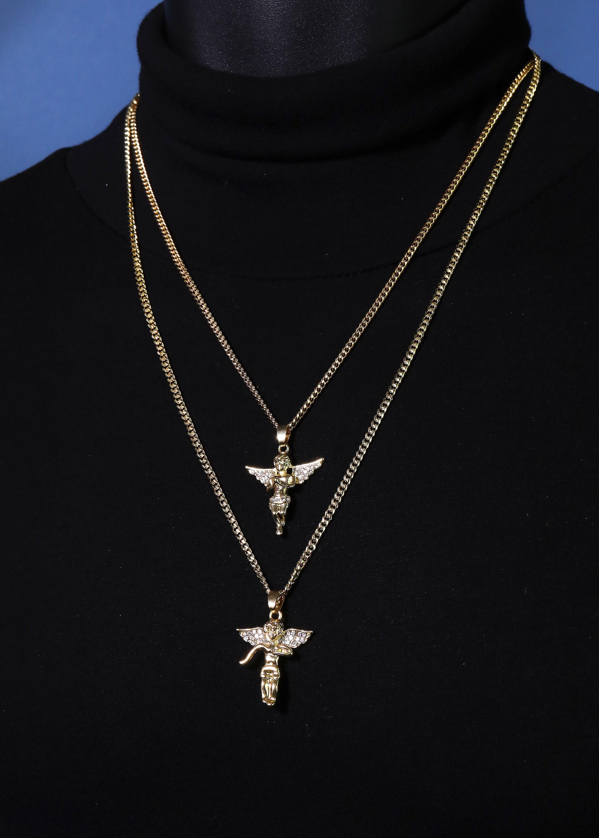 14k Gold Plated Micro Angel & Angel Cubic-Zirconia Set 20", 24" Cuban Chain