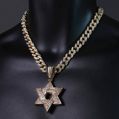Hip Hop Fully Iced Large Gold Plated Star of David Pendant & Cuban Chain Necklace – Full Prong CZ