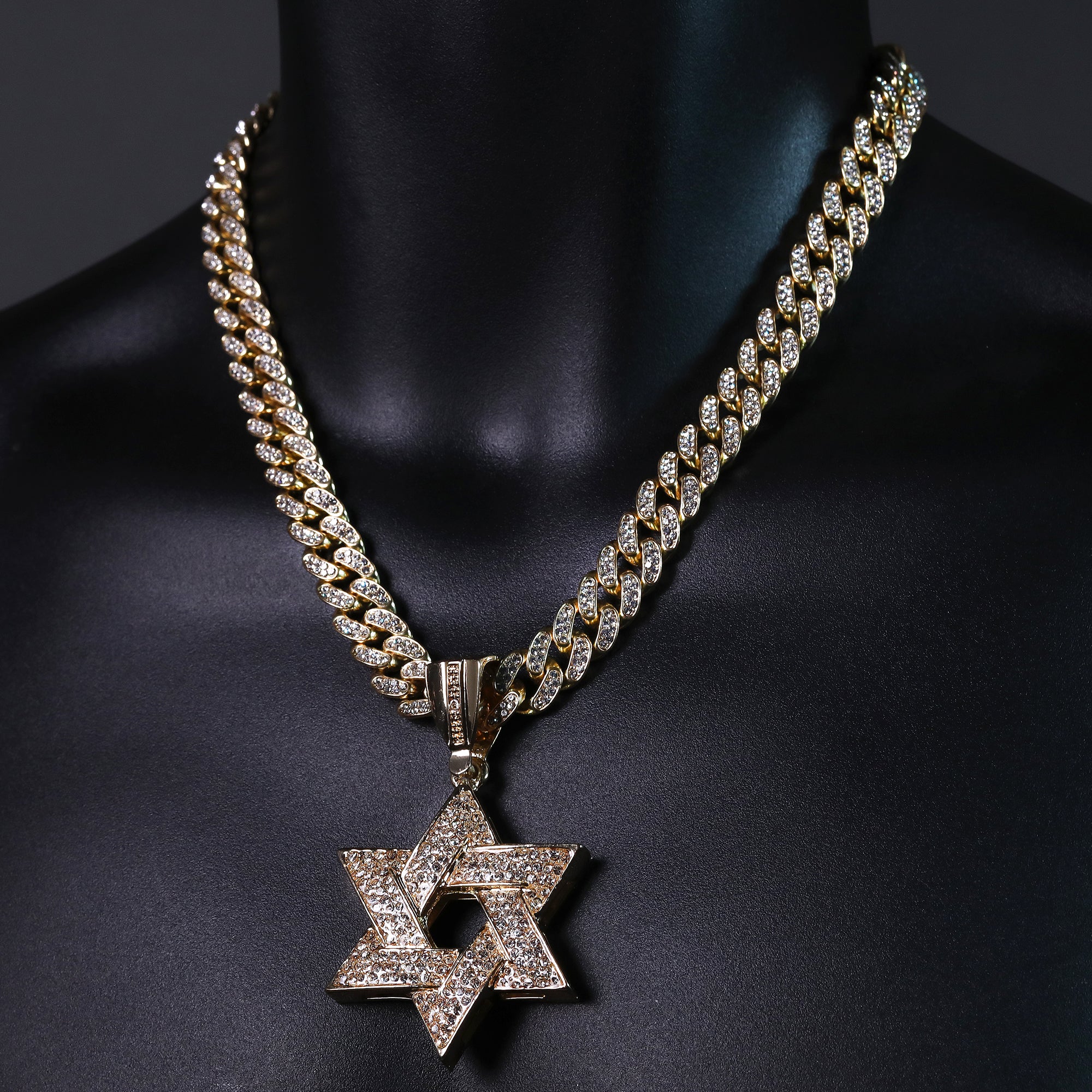 Hip Hop Fully Iced Large Gold Plated Star of David Pendant & Cuban Chain Necklace – Full Prong CZ