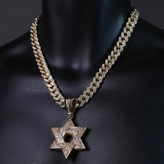 Hip Hop Fully Iced Large Gold Plated Star of David Pendant & Cuban Chain Necklace – Full Prong CZ