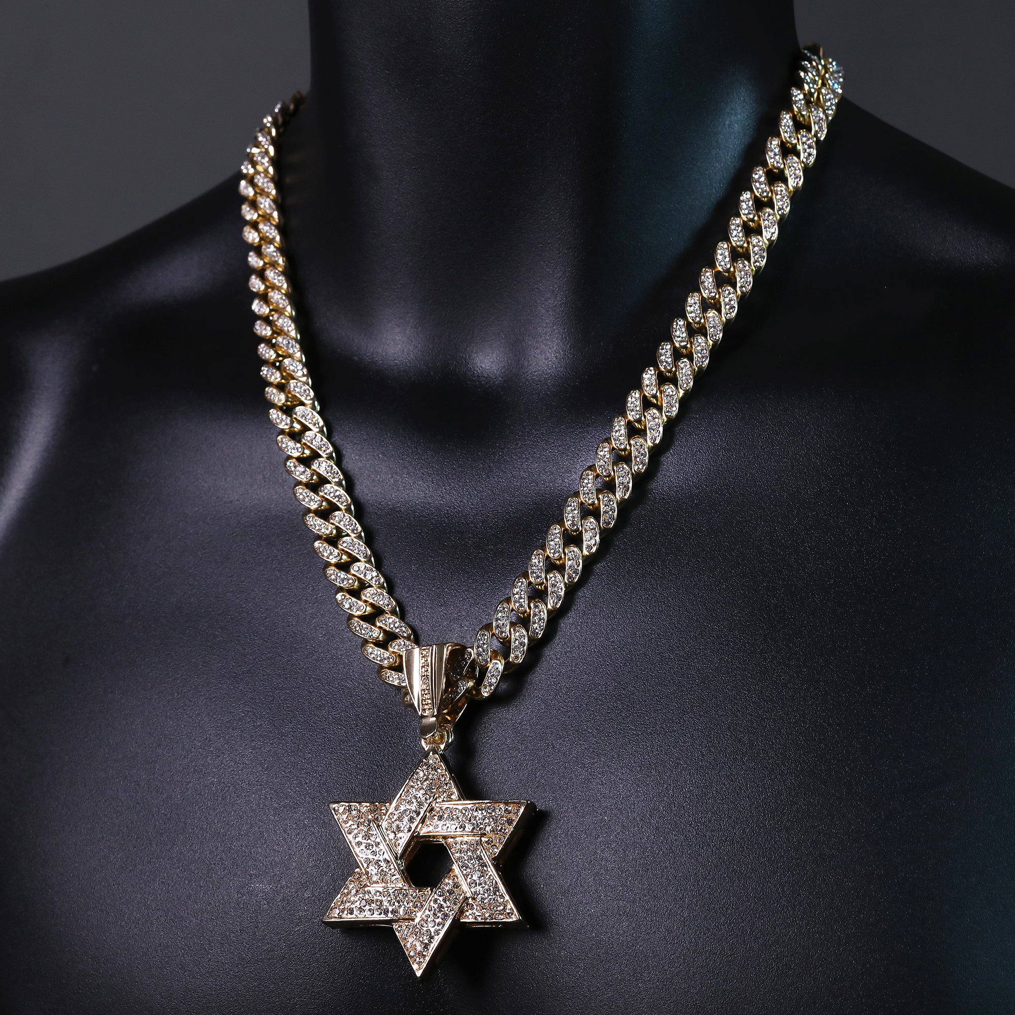 Hip Hop Fully Iced Large Gold Plated Star of David Pendant & Cuban Chain Necklace – Full Prong CZ