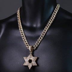 Hip Hop Fully Iced Large Gold Plated Star of David Pendant & Cuban Chain Necklace – Full Prong CZ