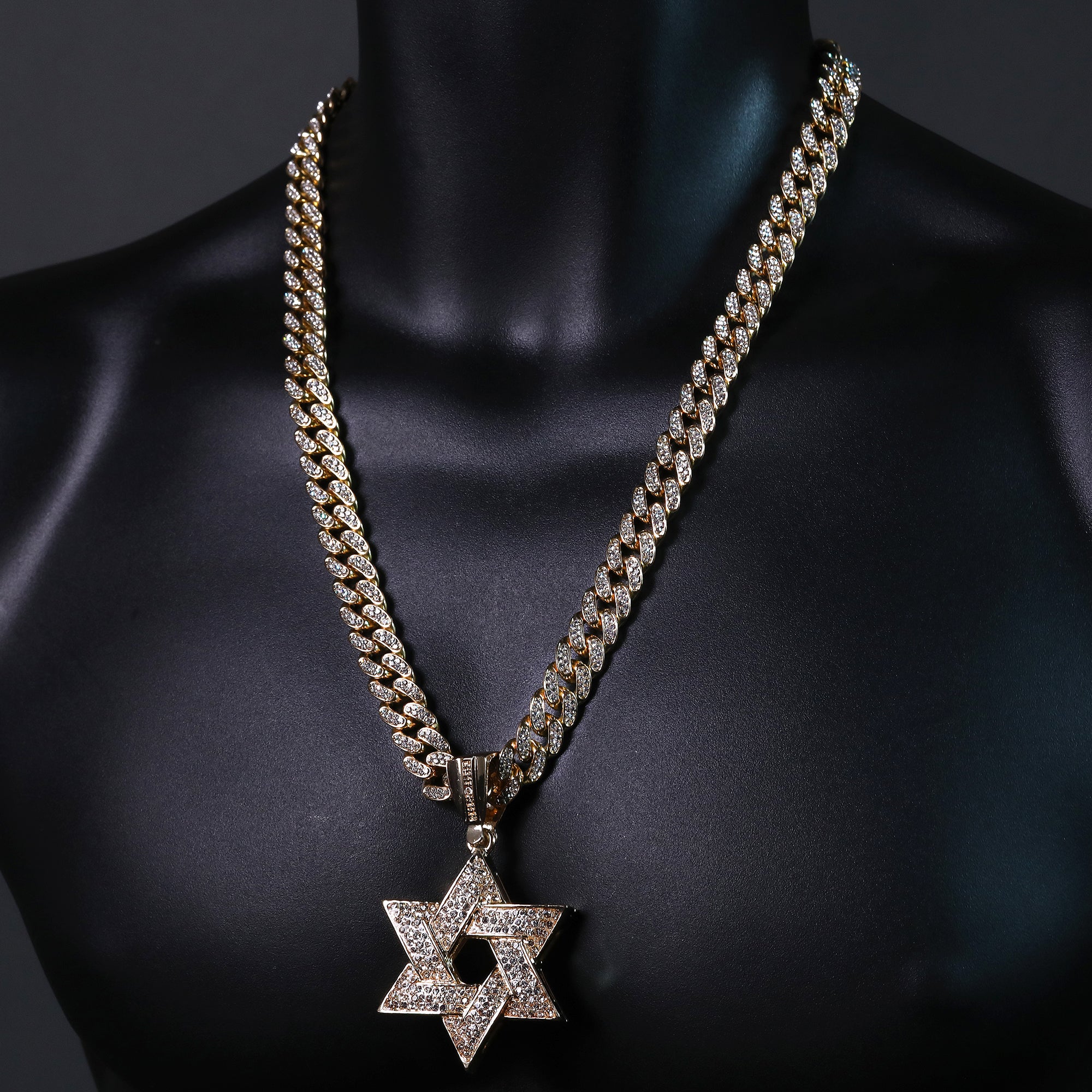 Hip Hop Fully Iced Large Gold Plated Star of David Pendant & Cuban Chain Necklace – Full Prong CZ