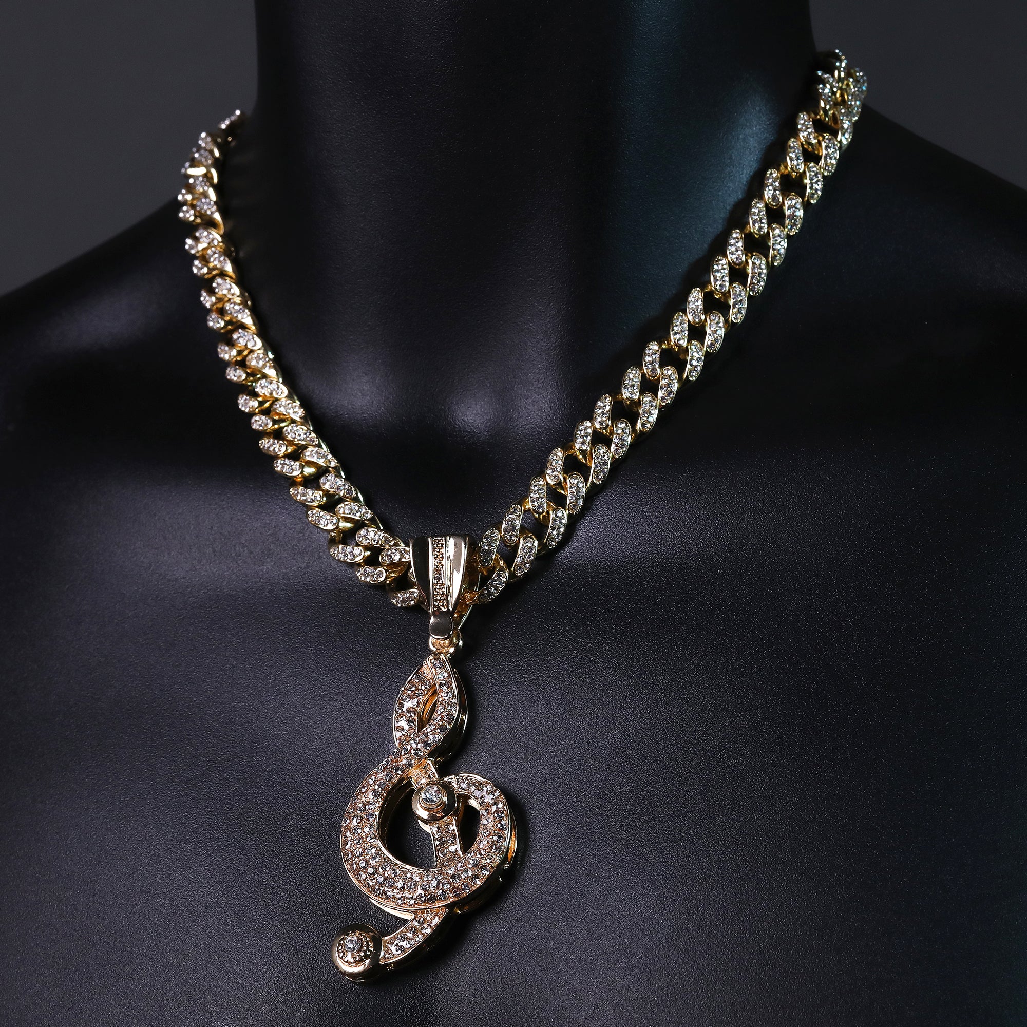 Hip Hop Fully Iced Large Gold Plated Musical Note Pendant & Cuban Chain Necklace – Full Prong CZ