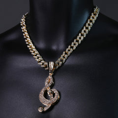 Hip Hop Fully Iced Large Gold Plated Musical Note Pendant & Cuban Chain Necklace – Full Prong CZ