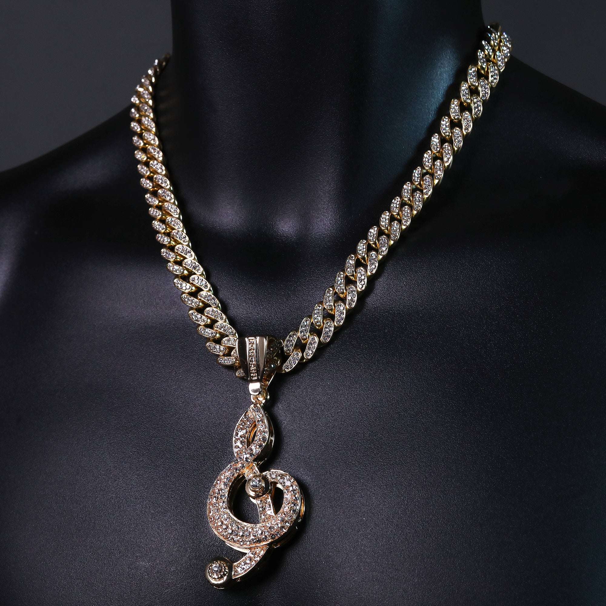 Hip Hop Fully Iced Large Gold Plated Musical Note Pendant & Cuban Chain Necklace – Full Prong CZ