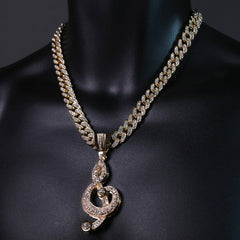 Hip Hop Fully Iced Large Gold Plated Musical Note Pendant & Cuban Chain Necklace – Full Prong CZ