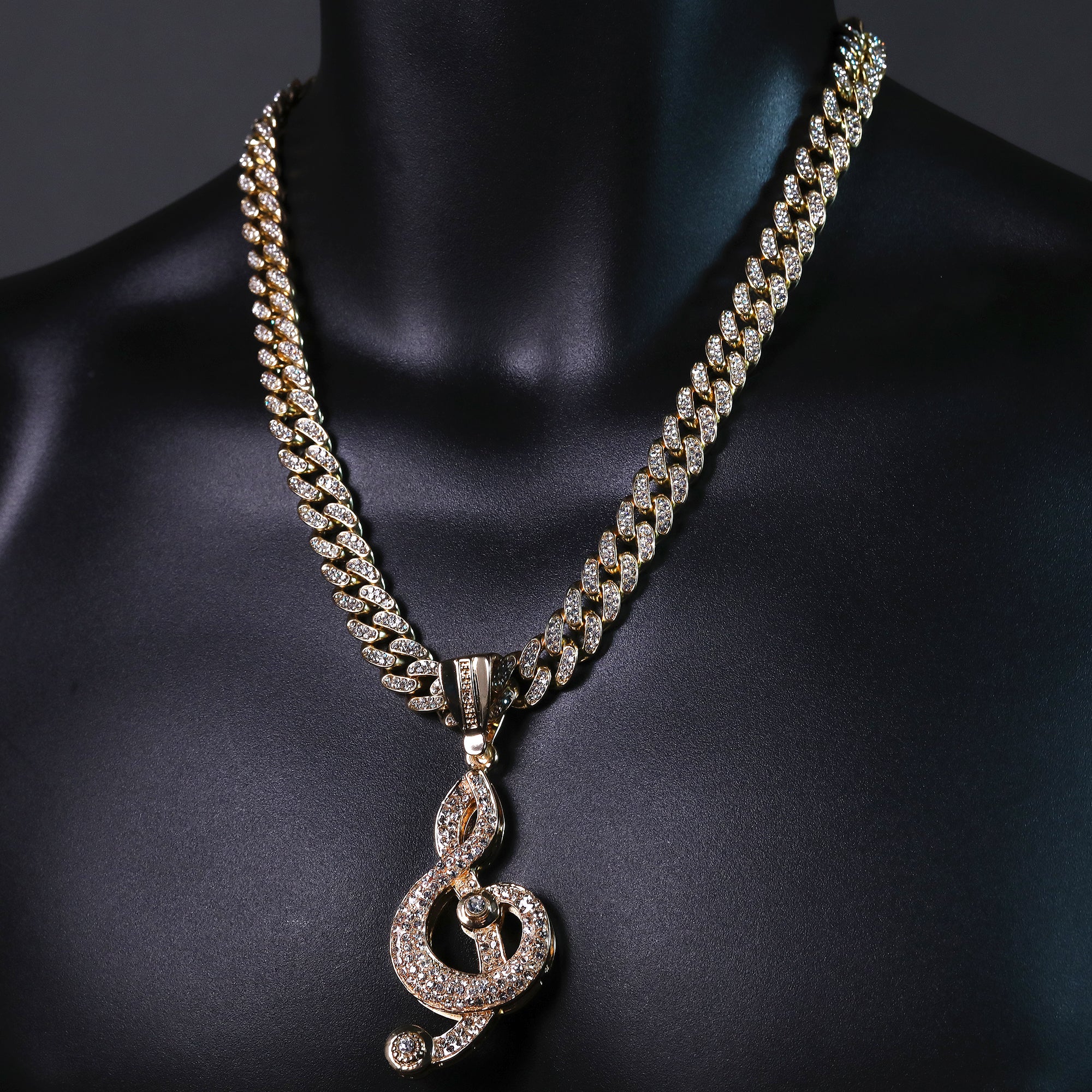 Hip Hop Fully Iced Large Gold Plated Musical Note Pendant & Cuban Chain Necklace – Full Prong CZ