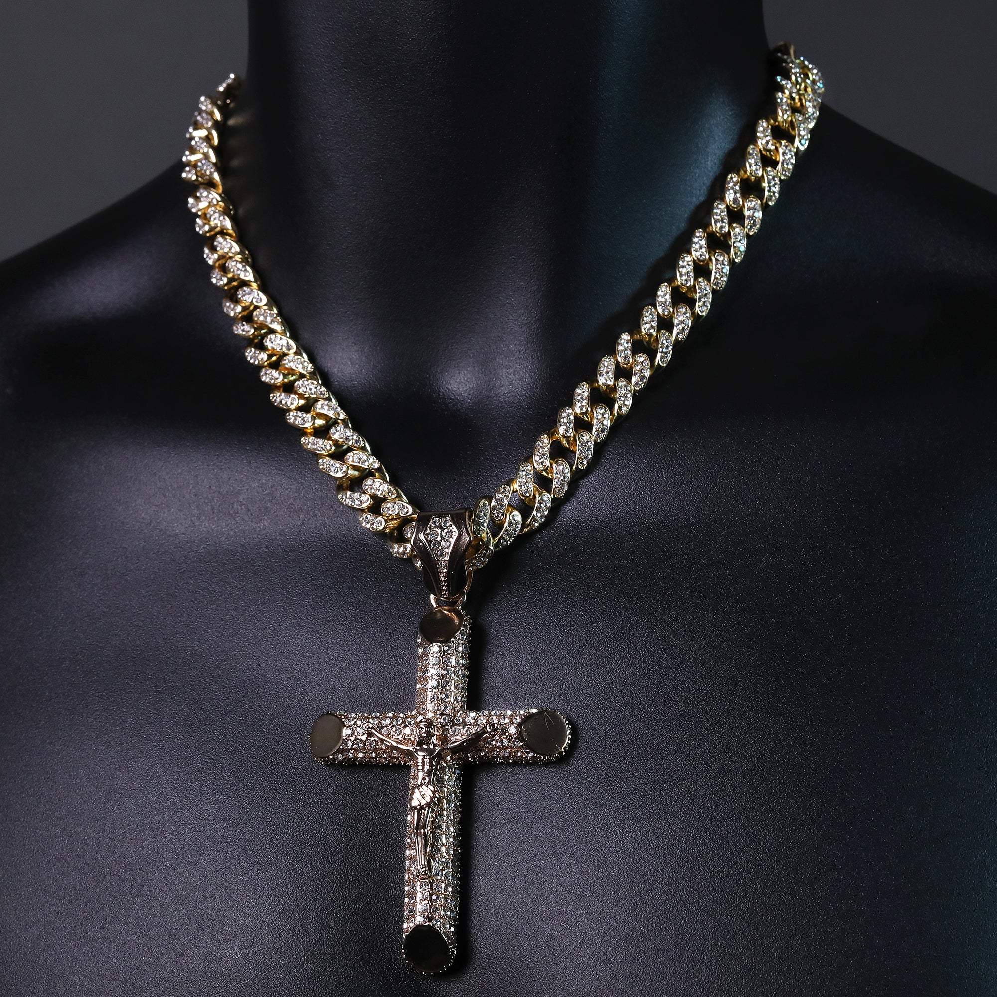 Hip Hop Fully Iced Large Gold Plated Jesus Cross Pendant & Cuban Chain Necklace – Full Prong CZ