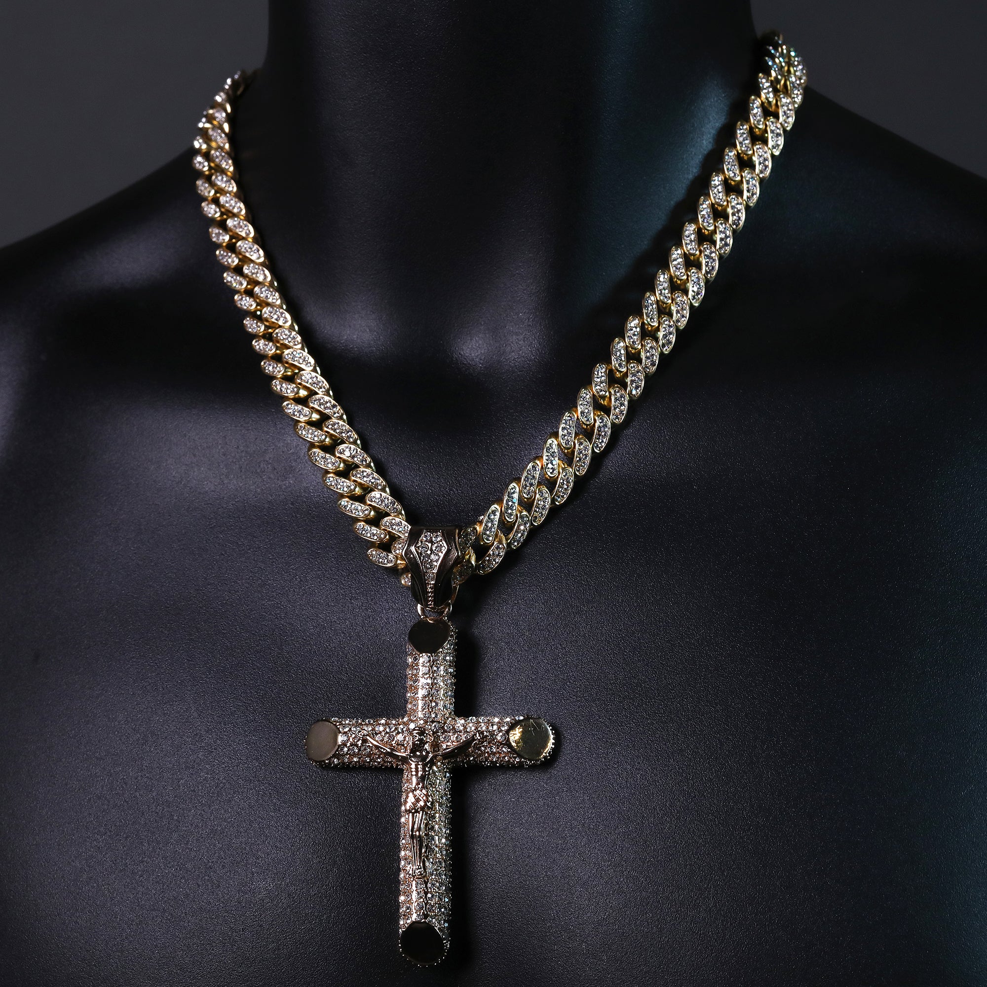 Hip Hop Fully Iced Large Gold Plated Jesus Cross Pendant & Cuban Chain Necklace – Full Prong CZ