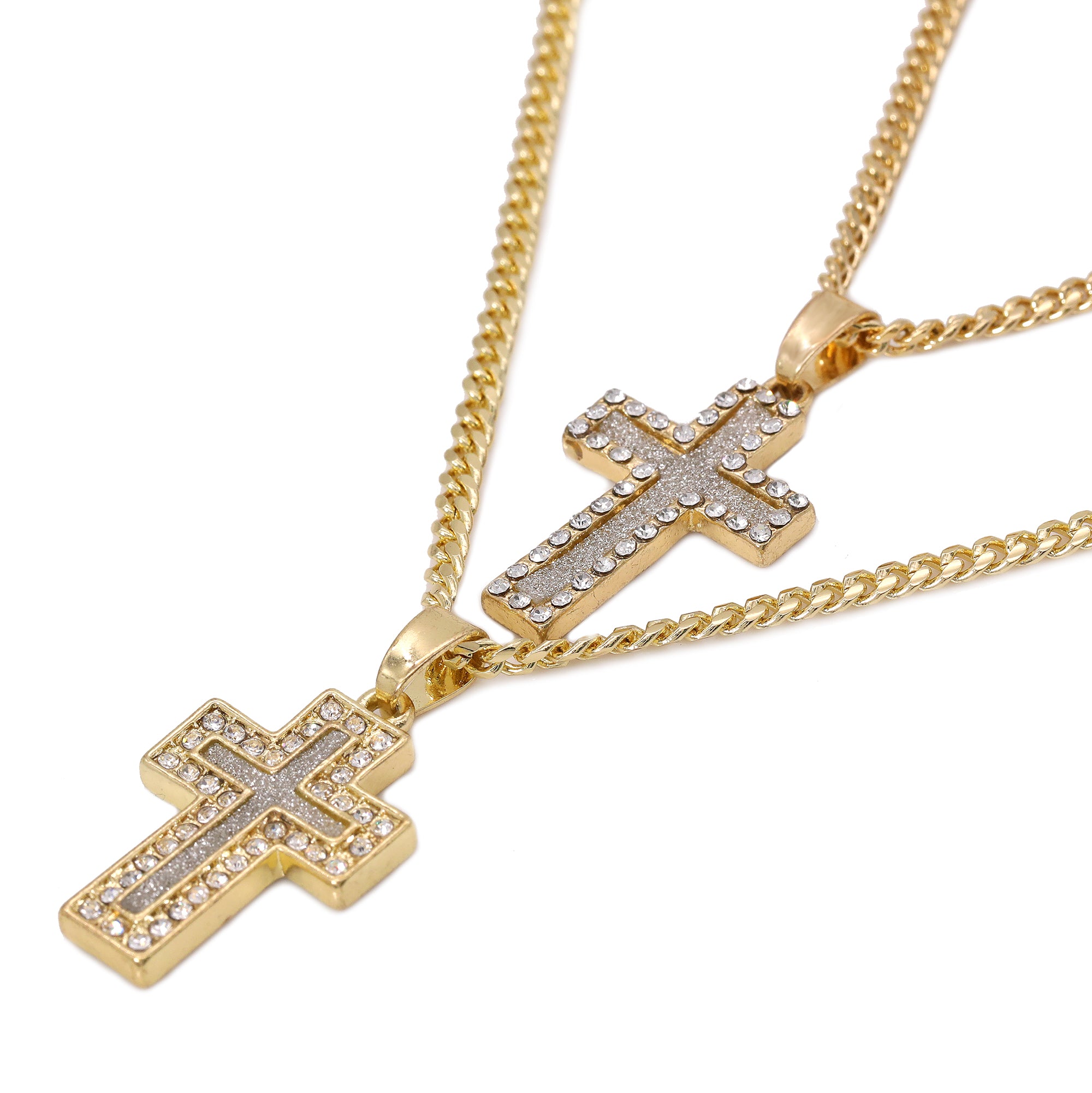 14k Gold Plated Micro Cz Cross & Thick Cross Cubic-Zirconia 20", 24" Cuban Chain