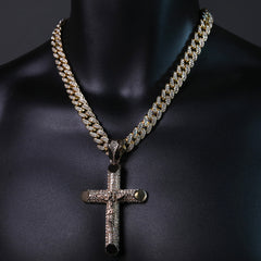 Hip Hop Fully Iced Large Gold Plated Jesus Cross Pendant & Cuban Chain Necklace – Full Prong CZ