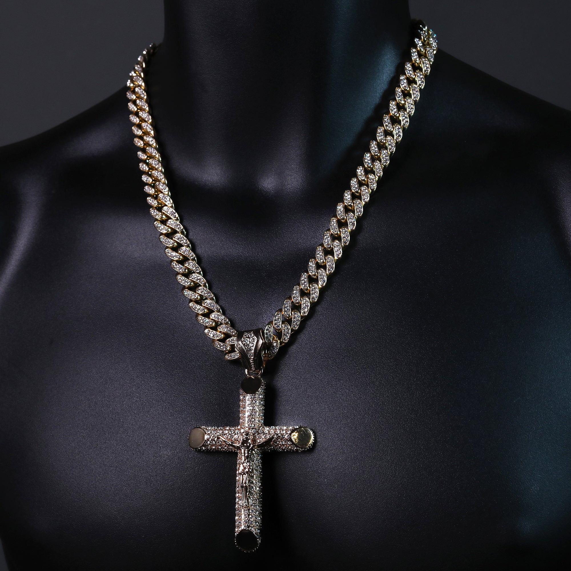 Hip Hop Fully Iced Large Gold Plated Jesus Cross Pendant & Cuban Chain Necklace – Full Prong CZ