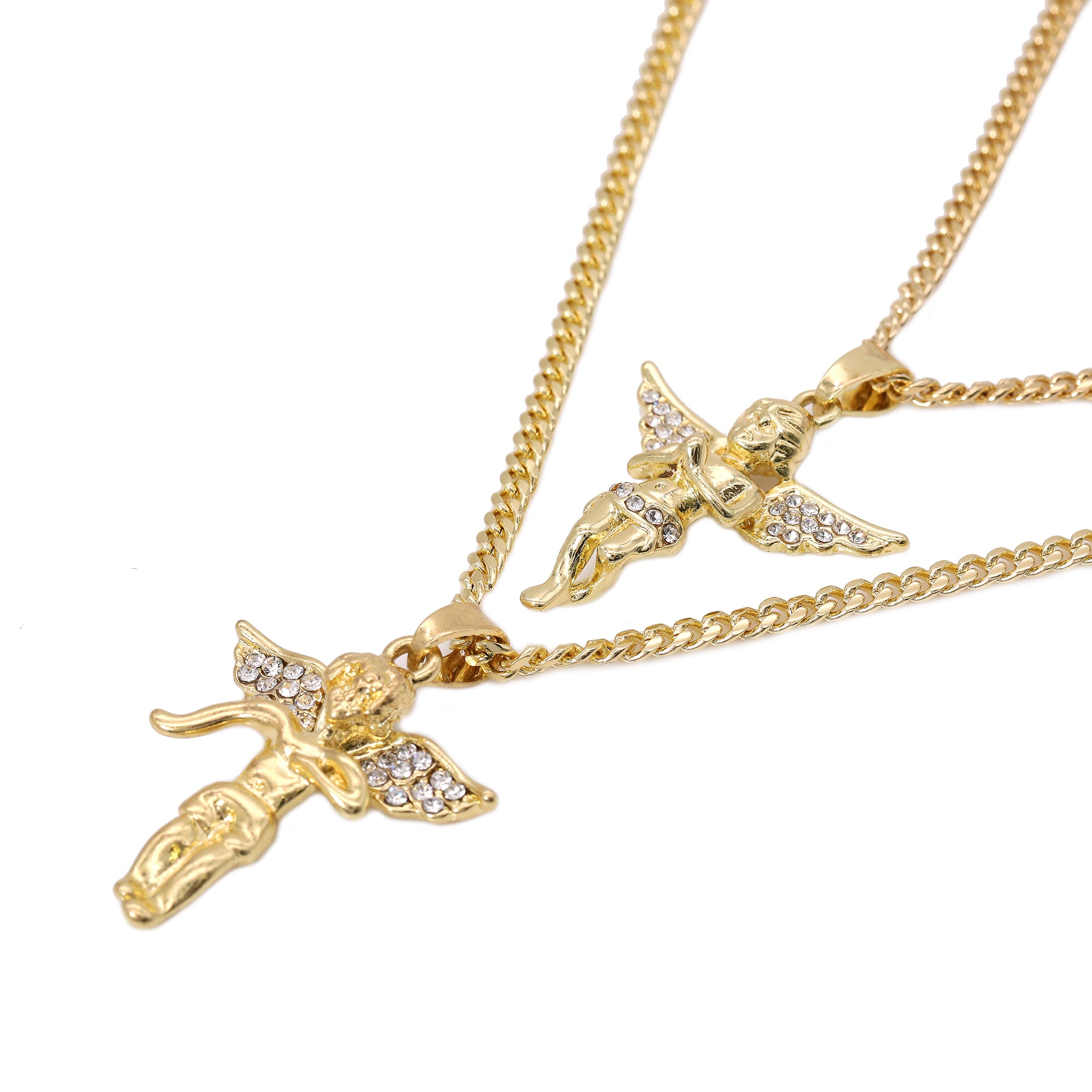 14k Gold Plated Micro Angel & Angel Cubic-Zirconia Set 20", 24" Cuban Chain