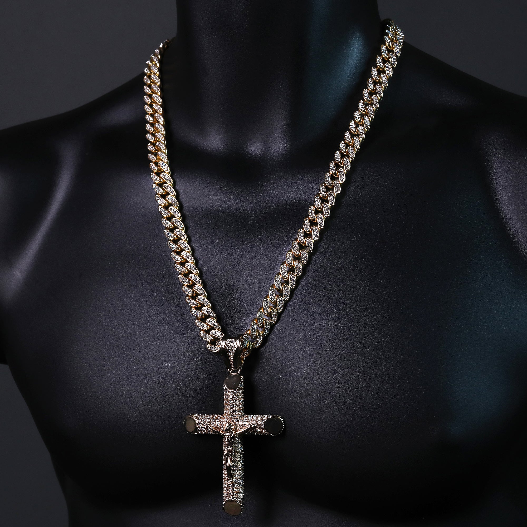 Hip Hop Fully Iced Large Gold Plated Jesus Cross Pendant & Cuban Chain Necklace – Full Prong CZ