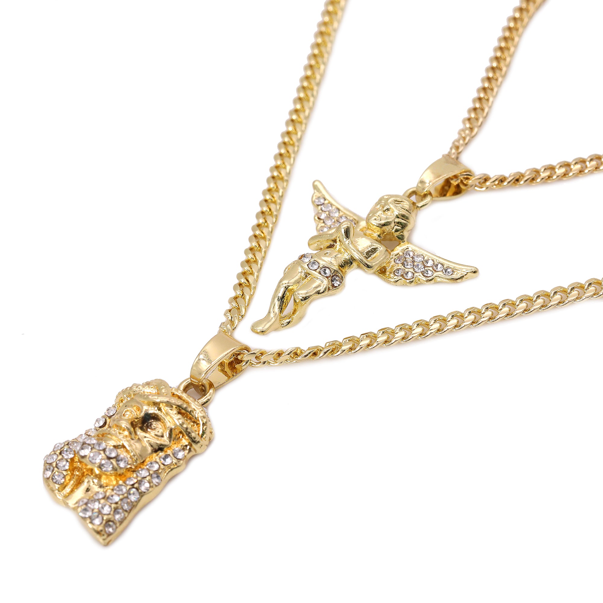 14k Gold Plated Micro Jesus & Angel Cubic-Zirconia Set 20", 24" Cuban Chain 02