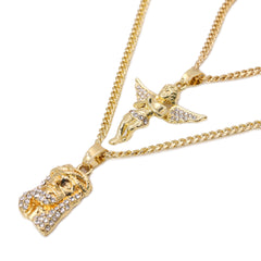 14k Gold Plated Micro Jesus & Angel Cubic-Zirconia Set 20", 24" Cuban Chain 02