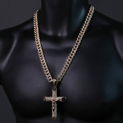 Hip Hop Fully Iced Large Gold Plated Jesus Cross Pendant & Cuban Chain Necklace – Full Prong CZ