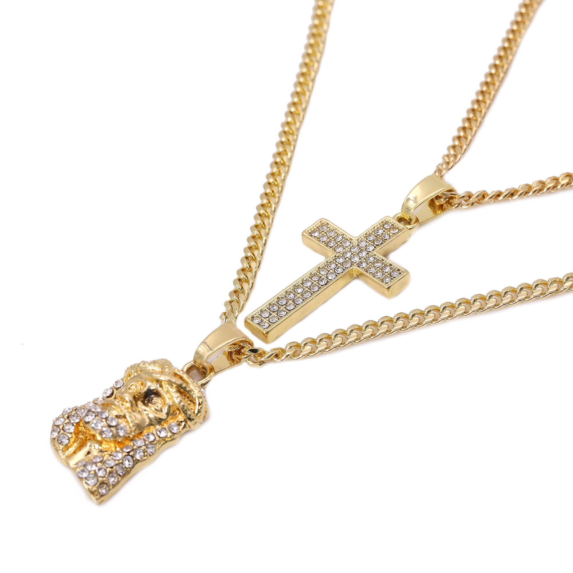 14k Gold Plated Micro Jesus & Thin Cross Cubic-Zirconia Set 20", 24" Cuban Chain