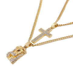 14k Gold Plated Micro Jesus & Thin Cross Cubic-Zirconia Set 20", 24" Cuban Chain