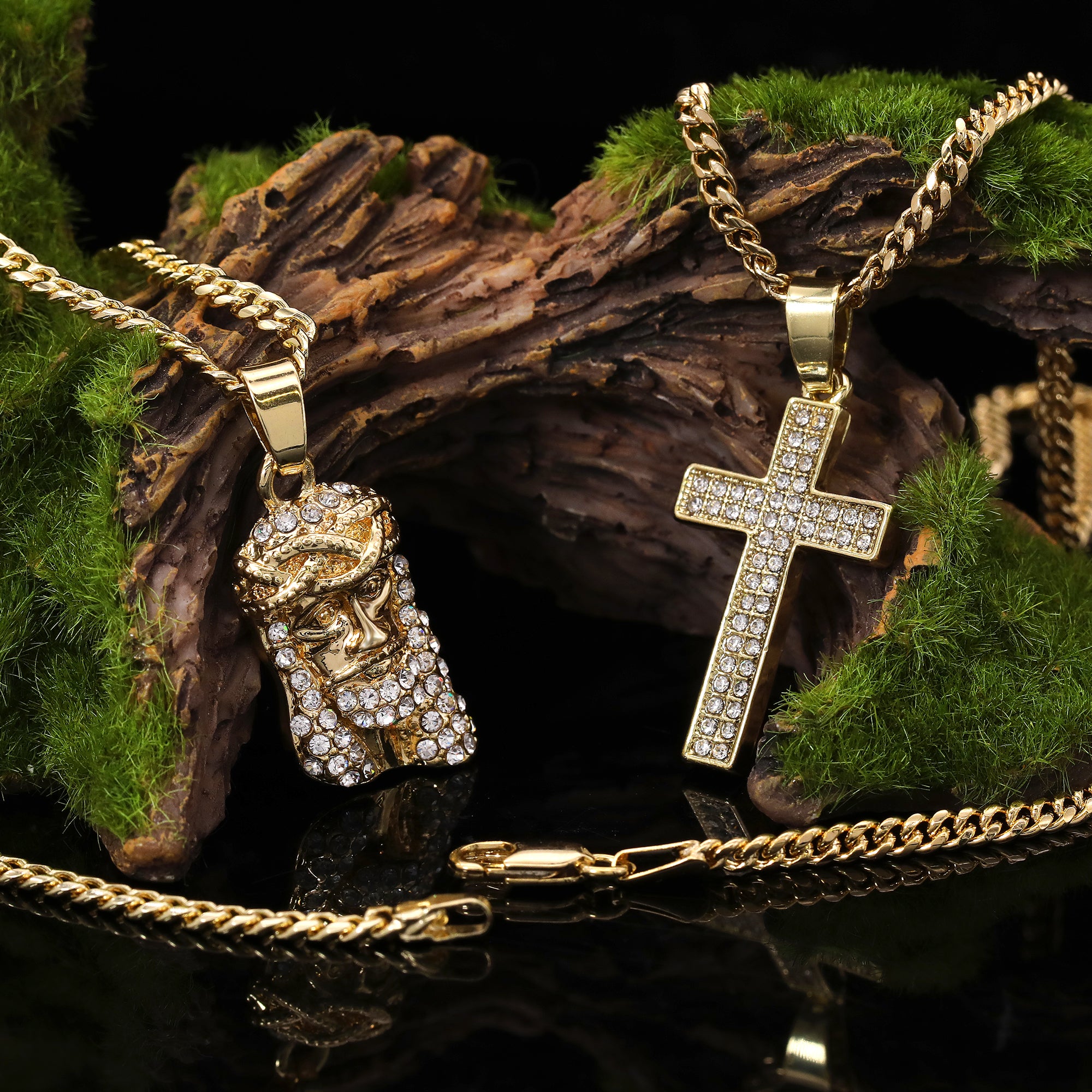 14k Gold Plated Micro Jesus & Thin Cross Cubic-Zirconia Set 20", 24" Cuban Chain