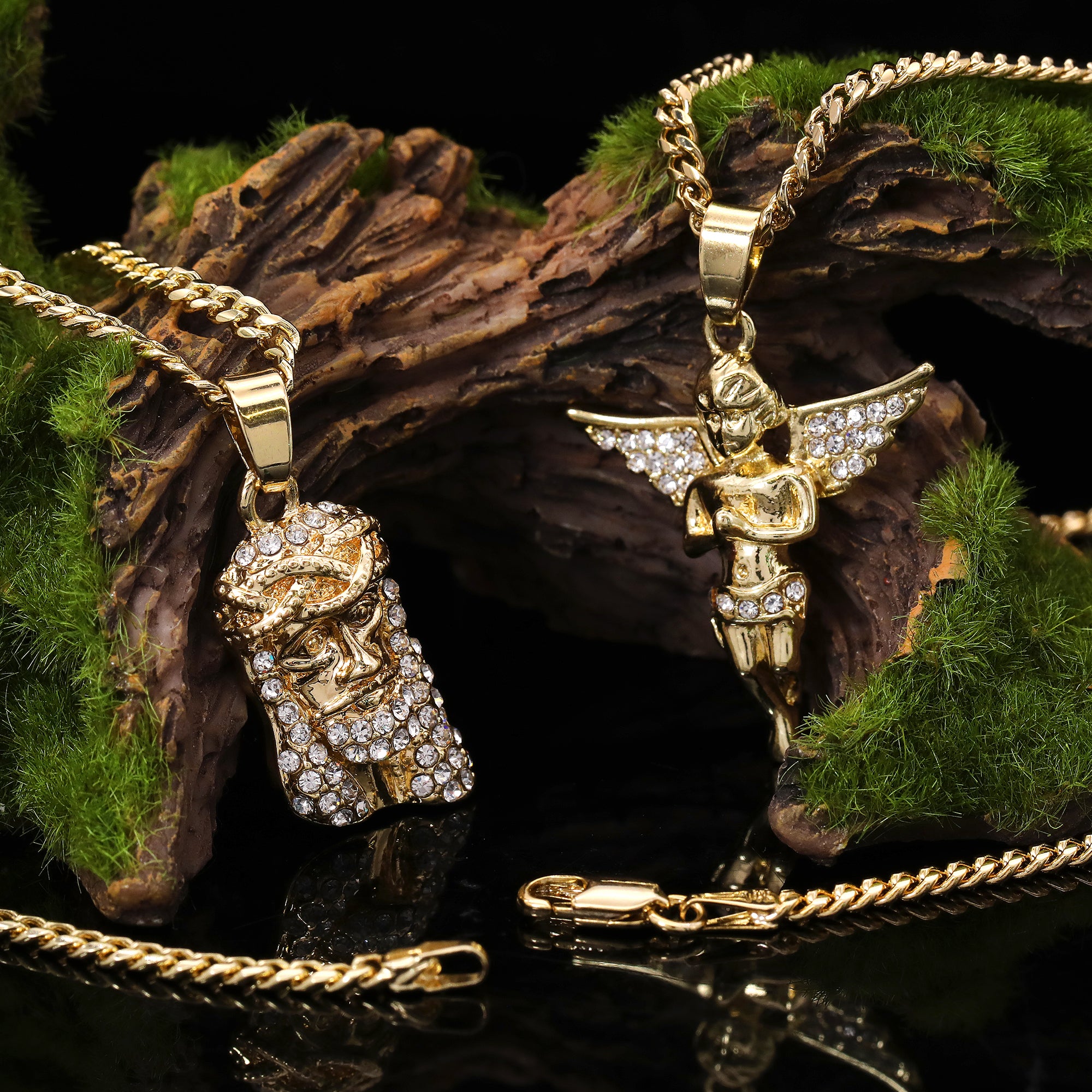 14k Gold Plated Micro Jesus & Angel Cubic-Zirconia Set 20", 24" Cuban Chain 02