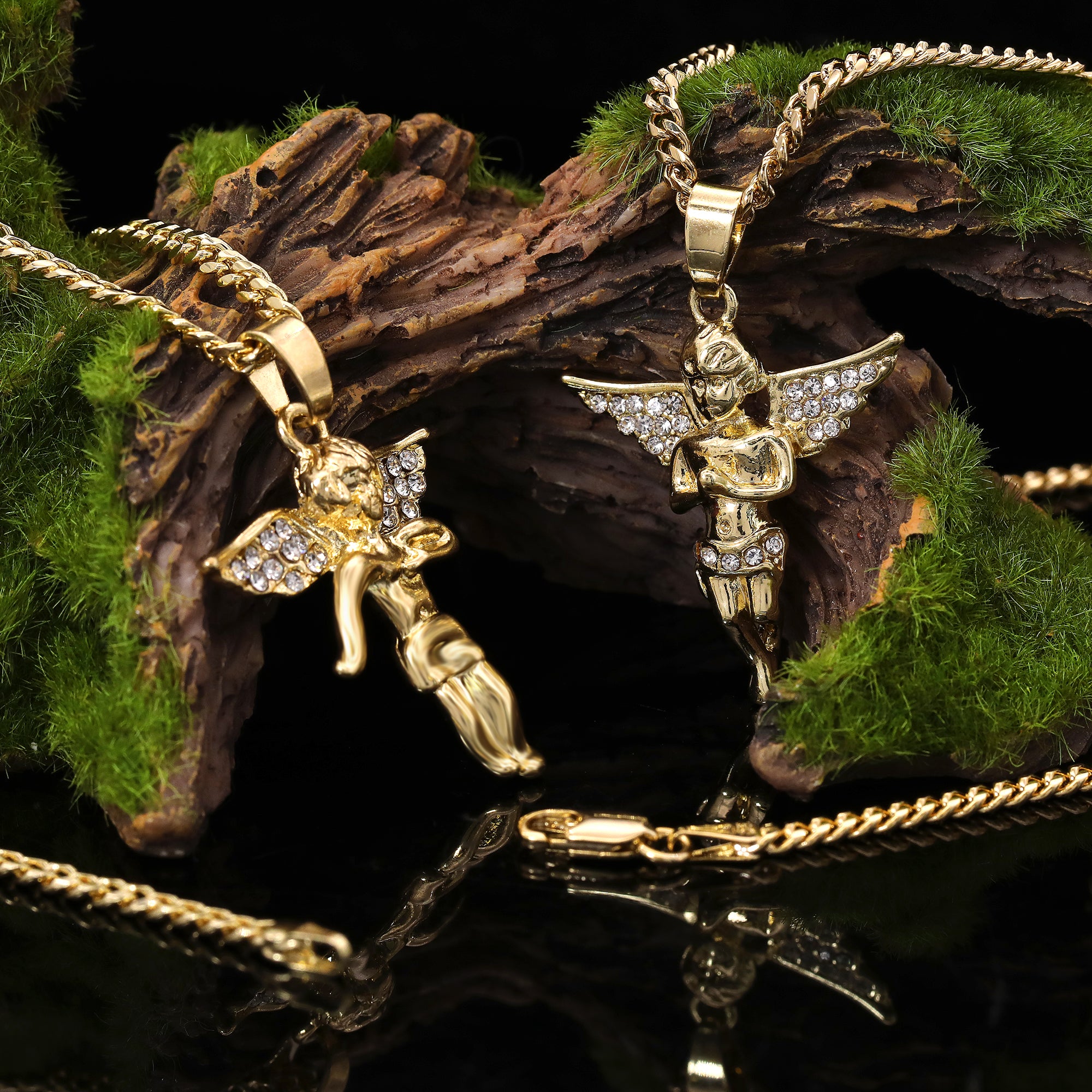 14k Gold Plated Micro Angel & Angel Cubic-Zirconia Set 20", 24" Cuban Chain