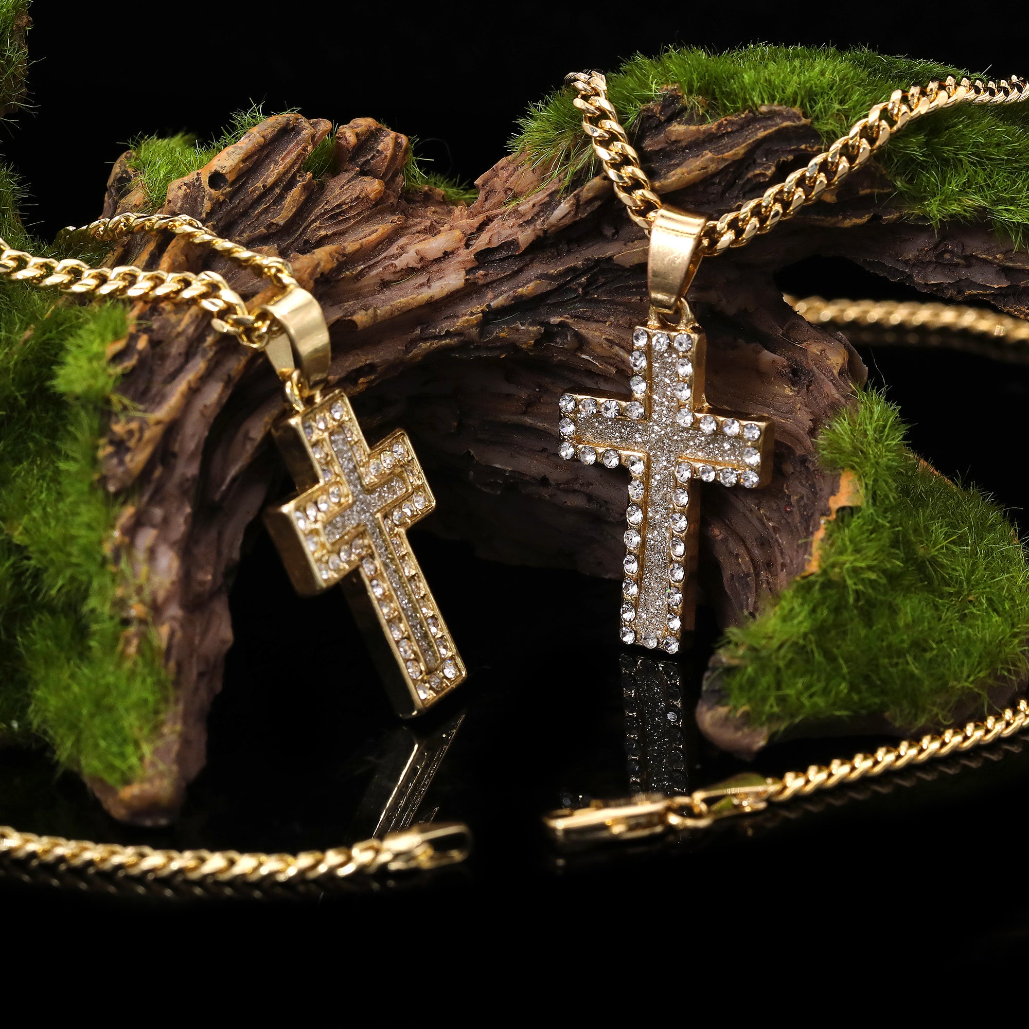 14k Gold Plated Micro Cz Cross & Thick Cross Cubic-Zirconia 20", 24" Cuban Chain