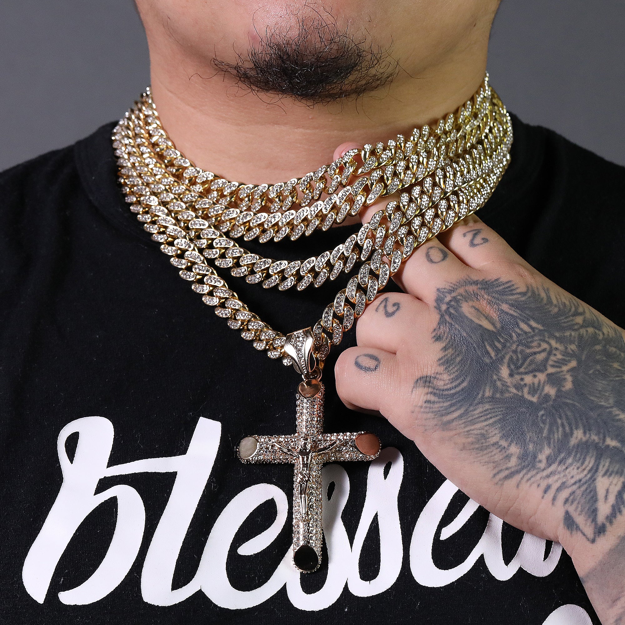Hip Hop Fully Iced Large Gold Plated Jesus Cross Pendant & Cuban Chain Necklace – Full Prong CZ