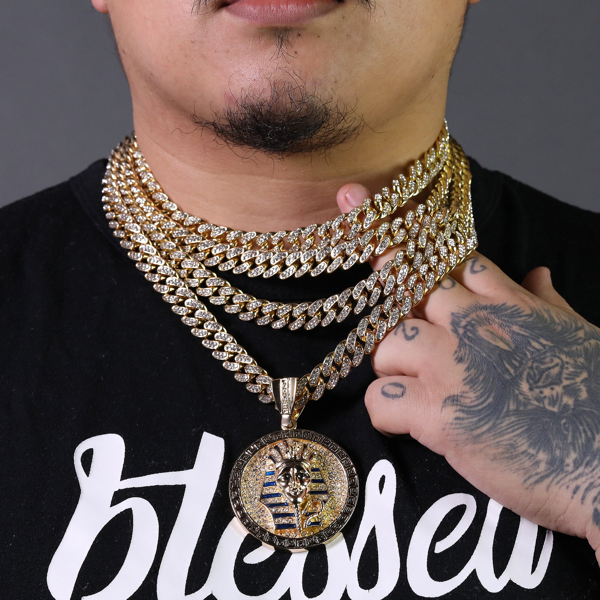 2pc Hip Hop Fully Iced Large Gold Plated Round Pharaoh Pendant Cuban 18" 24"