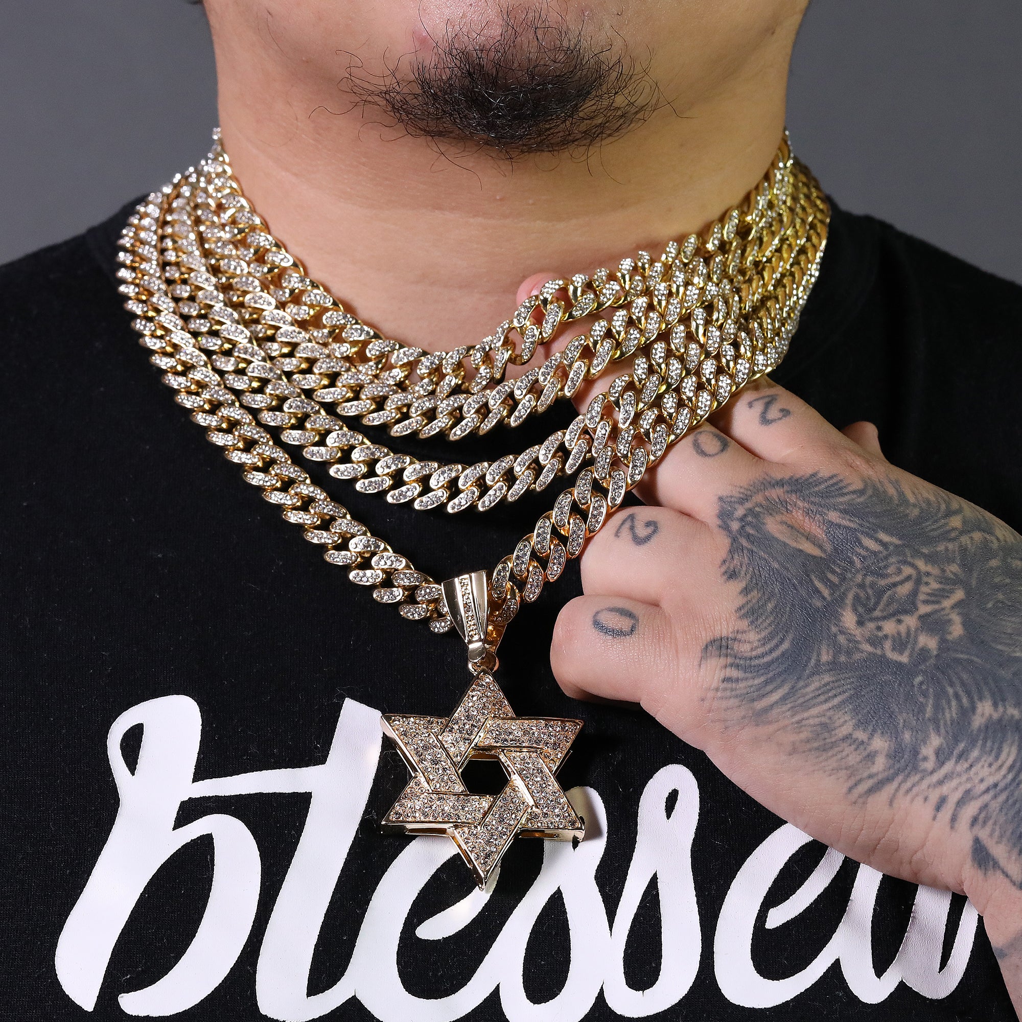 Hip Hop Fully Iced Large Gold Plated Star of David Pendant & Cuban Chain Necklace – Full Prong CZ