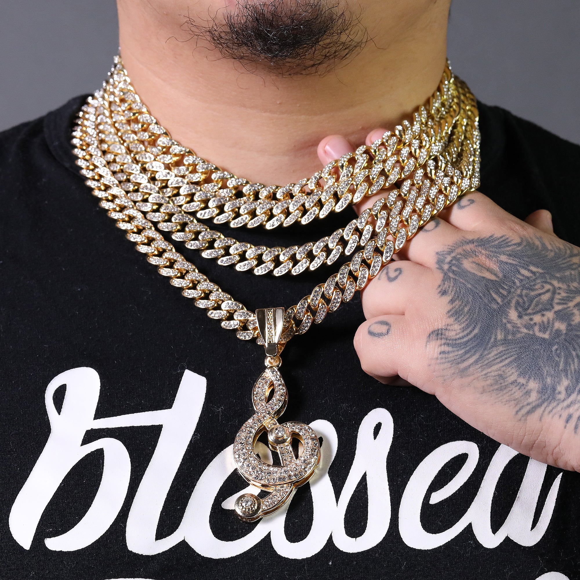 Hip Hop Fully Iced Large Gold Plated Musical Note Pendant & Cuban Chain Necklace – Full Prong CZ