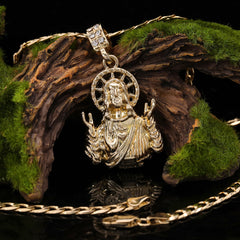 Catholic Plain Jesus Worship Pendant Cubic-Zirconia Gold Plated 18" Cuban Chain
