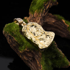 Catholic Sad Jesus Face Plain Pendant Cubic-Zirconia Gold Plated 18" Cuban Chain