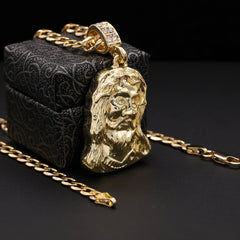 Catholic Sad Jesus Face Plain Pendant Cubic-Zirconia Gold Plated 18" Cuban Chain