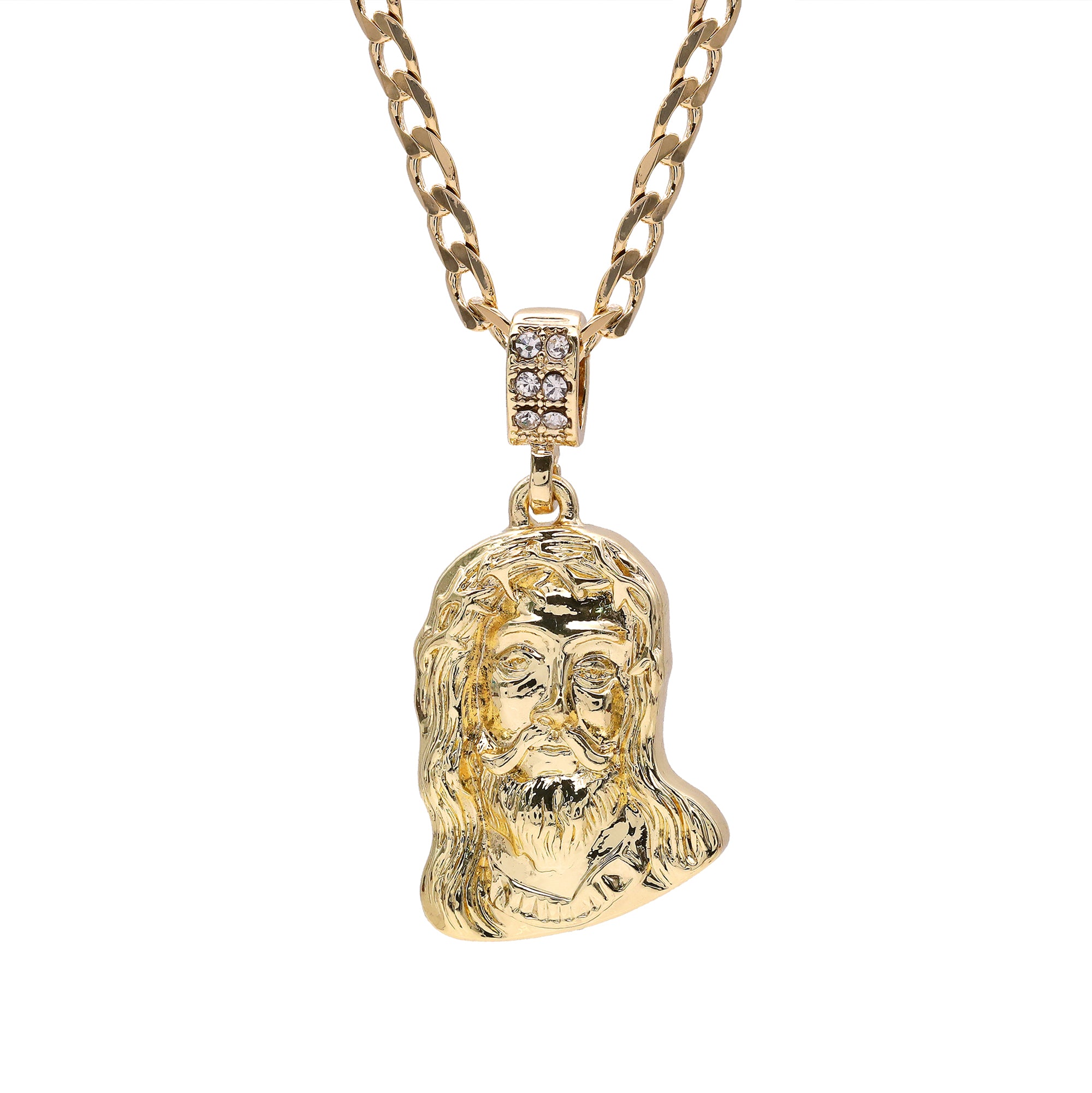 Catholic Sad Jesus Face Plain Pendant Cubic-Zirconia Gold Plated 18" Cuban Chain