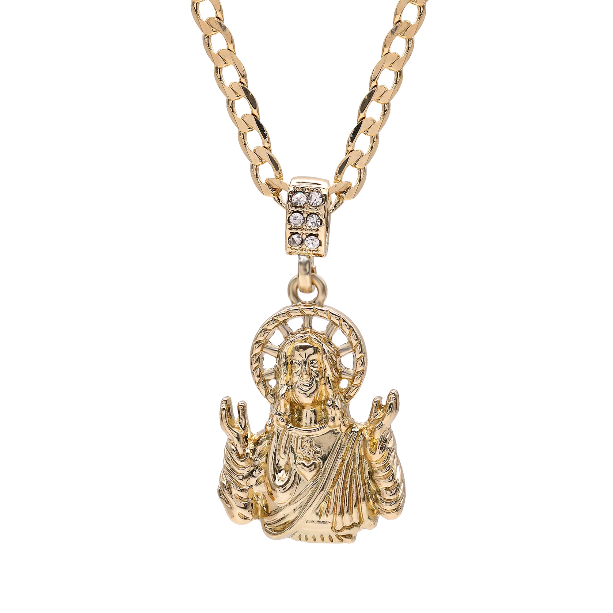 Catholic Plain Jesus Worship Pendant Cubic-Zirconia Gold Plated 18" Cuban Chain