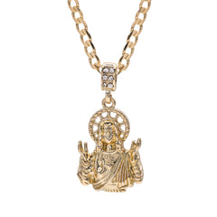 Catholic Plain Jesus Worship Pendant Cubic-Zirconia Gold Plated 18" Cuban Chain