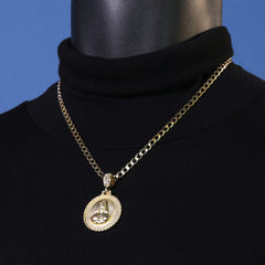 Catholic Round Jesus Heart Pendant Cubic-Zirconia Gold Plated 18" Cuban Chain