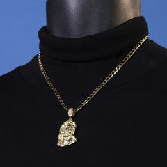 Catholic Sad Jesus Face Plain Pendant Cubic-Zirconia Gold Plated 18" Cuban Chain