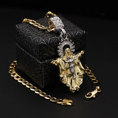 Catholic Guadalupe & Jesus Pendant Cubic-Zirconia Gold Plated 18" Cuban Chain