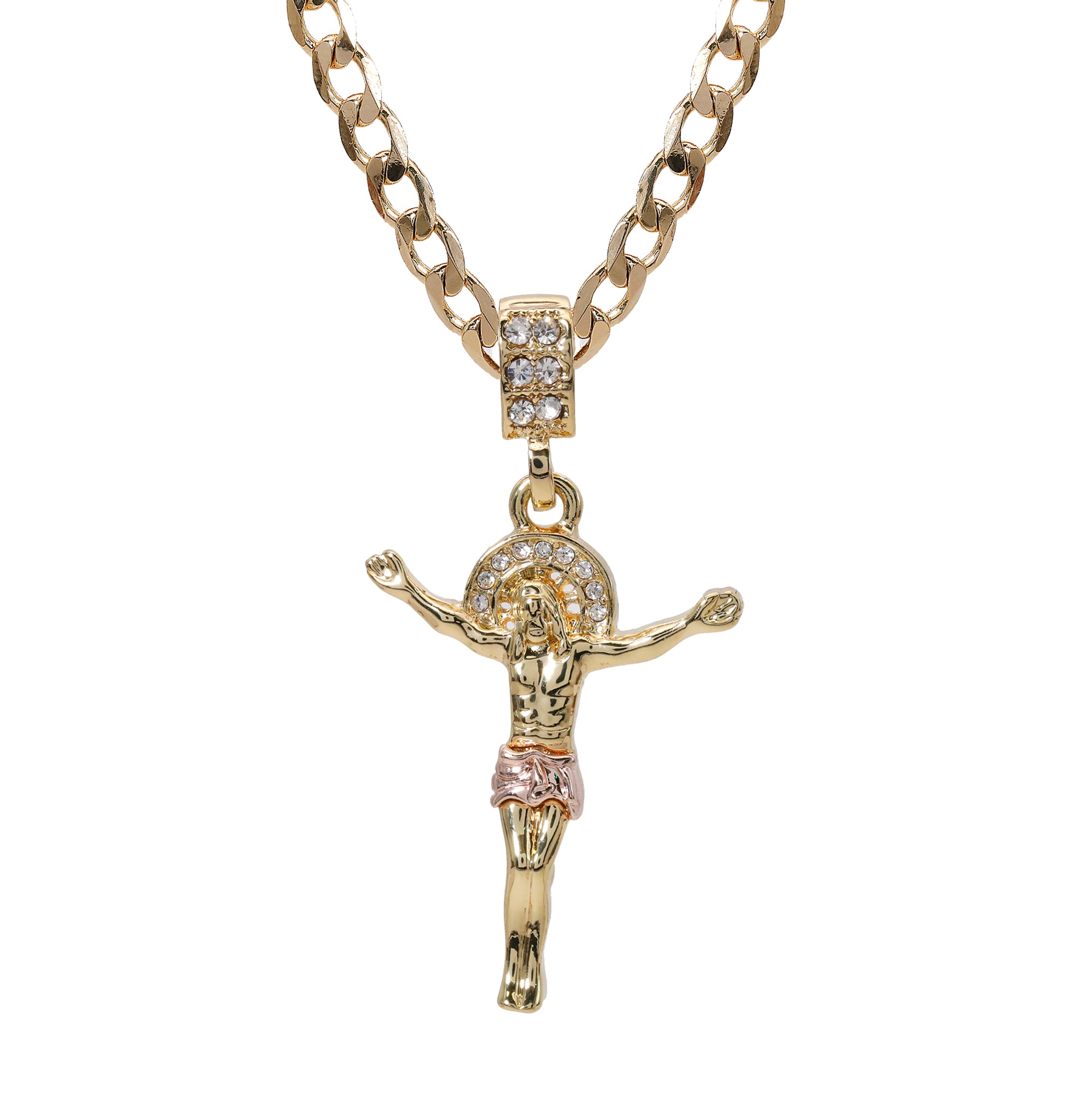Catholic Crucifix Jesus Pendant Cubic-Zirconia Gold Plated 18" Cuban Chain